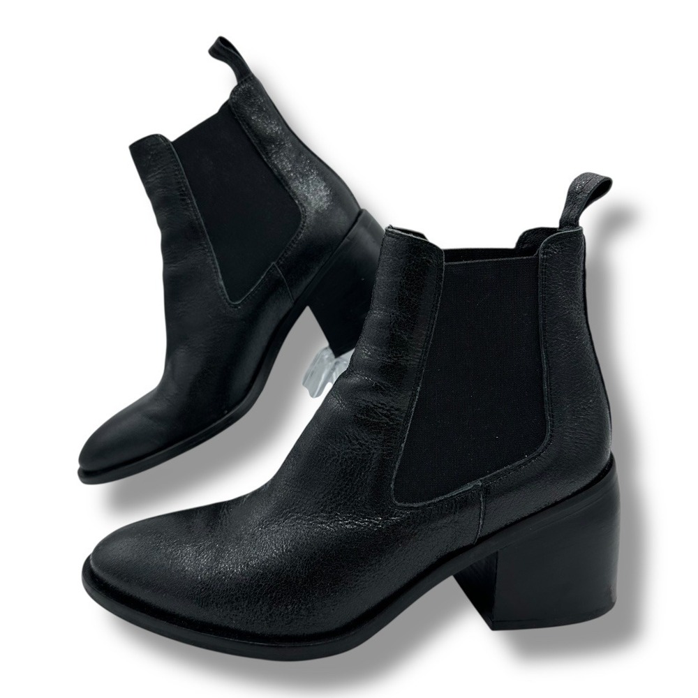 L'IDEA Made in Italy Metallic Black Leather Chelsea Block Heel Ankle Boot Sz‎ 39